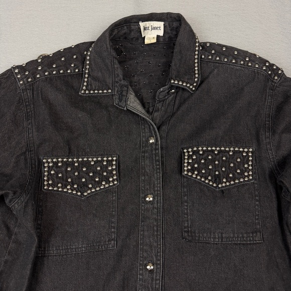 Vintage 90s Just Janet Studded Black Denim Western Shirt Shacket Small - Picture 2 of 10